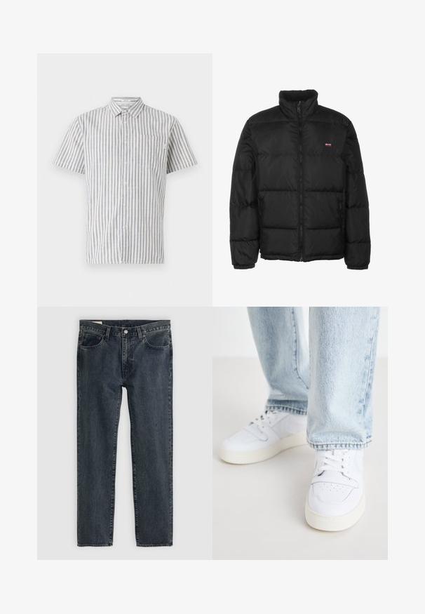 Czarna kurtka puchowa z wysokim kołnierzem, zapięciem na zamek i pikowanym designem. Posiada boczne kieszenie oraz małe logo na górnej lewej stronie.; Koszula na krótki rękaw w białe i niebieskie pionowe paski, z kieszonką na piersi i klasycznym kołnierzykiem. Wykonana z mieszanki bawełny.; Ciemnoniebieskie dżinsy o prostym kroju nogawki, pięcioma kieszeniami i zapięciem na guzik. Materiał ma subtelne przetarcia i fakturę.; Białe skórzane sneakersy niskie z perforowanym noskiem, płaskimi sznurowadłami i minimalistycznym designem. Połączone z jasnoniebieskimi dżinsami.