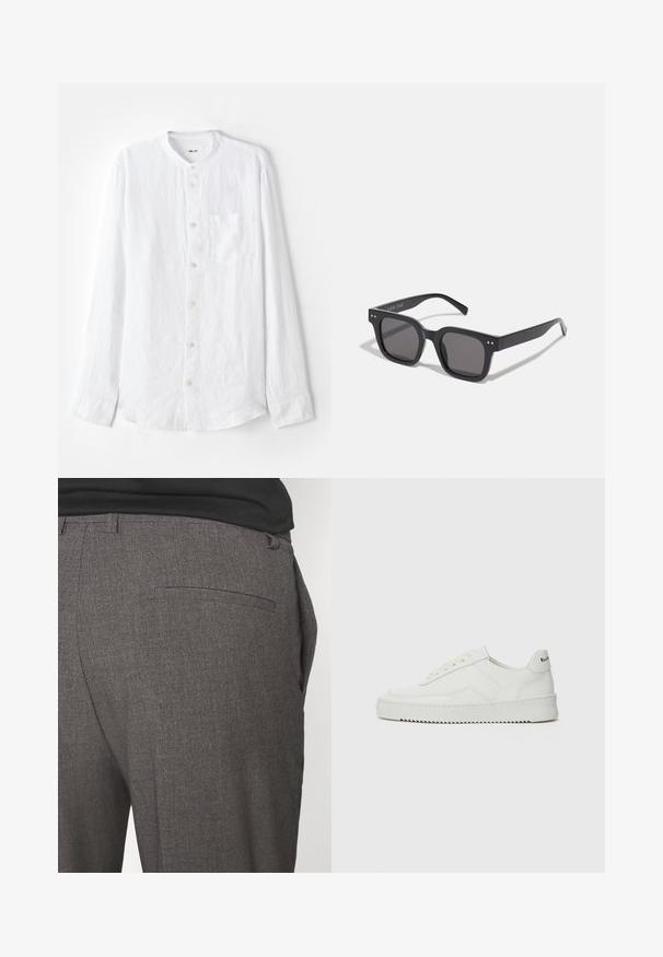 Bordeaux neplederen jas met een vlakke kraag, ritssluiting aan de voorkant, twee zijzakken en een licht cropped pasvorm. Gestructureerd oppervlak.; Grijze gebreide trui met een kraag, drie voorste knopen en een geribde zoom. De stof lijkt zacht en gestructureerd, met een relaxte pasvorm.; Witte langemouwen shirt van textuurstof, met een bandkraag, knoopsluiting, enkele borstzak en zilveren knopen.; Grijze op maat gemaakte broeken met een gladde textuur, voorzien van een enkele achterzak en een slim fit ontwerp. De stof heeft een subtiel patroon.; Witte leren sneaker met een gladde afwerking, ronde neus, platte veters en een gestructureerde zool. Kenmerkt zich door een subtiel logo op de hiel.; Zwarte rechthoekige zonnebril met donkere lenzen, voorzien van een dik montuur, subtiele accenten aan de zijkanten en zonder zichtbare logo's behalve de merknaam.; Canvas tote bag in lichtbeige met dubbele handvatten, voorzien van het "SAMSOE" logo in het wit gedrukt op de voorkant. Rechthoekige vorm met een eenvoudig ontwerp.