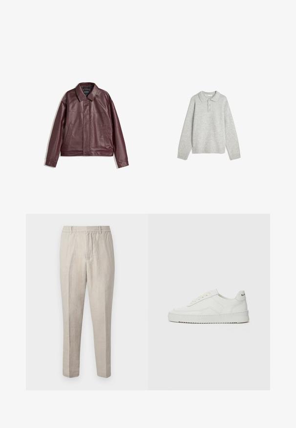 Burgundská koženka s plochým límcem, předním zipem, dvěma bočními kapsami a mírně zkráceným střihem. Texturovaný povrch.; Šedý pletený pulovr s límečkem, třemi předními knoflíky a ribbovaným lemem. Tkanina se jeví jako měkká a texturovaná, s uvolněným střihem.; Bílá bavlněná tričko s krátkými rukávy, kulatým výstřihem a volným střihem. Obsahuje malou boční značkovou etiketu. Hladká textura.; Světlé béžové lněné kalhoty s uvolněným střihem, s šňůrkovým pasem, zúženými nohavicemi a jemnou texturou po celém materiálu.; Bílé kožené tenisky s hladkým povrchem, kulatou špičkou, plochými tkaničkami a texturovanou podrážkou. Na patě se nachází nenápadné logo.