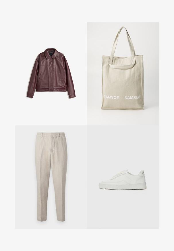 Burgundská koženka s plochým golierom, predným zipsom, dvoma bočnými vreckami a mierne skráteným strihom. Textúrovaný povrch.; Sivý pletený sveter s golierom, tromi prednými gombíkmi a ribovaný dolný okraj. Tkanina vyzerá jemne a textúrovo, s uvoľneným strihom.; Biele bavlnené tričko s krátkymi rukávmi, okrúhlym výstrihom a voľným strihom. Obsahuje malú bočnú značku. Hladká textura.; Svetlé béžové ľanové nohavice s voľným strihom, s elastickým pásom na šnúrku, zúženými nohami a jemnou textúrou po celej látke.; Biele kožené tenisky s hladkým povrchom, okrúly špičkový dizajn, ploché šnúrky a textúrovaná podrážka. Obsahujú jemné logo na päte.; Plátená taška v svetložltej farbe s dvojitými uchami, s bielym potlačeným logom "SAMSOE" na prednej strane. Obdĺžnikový tvar s jednoduchým dizajnom.