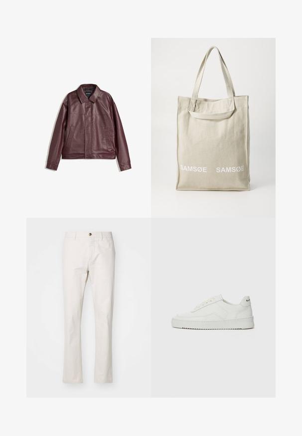 Burgundi színű műbőrdzseki lapos gallérral, elöl cipzárral, két oldalsó zsebbel és enyhén cropped fazonnal. Strukturált felület.; Szürke kötött pulóver, galléros nyakkal, három elülső gombbal és bordás hempergővel. Az anyag lágy és texturált, lazább szabású.; Beige színű pamut keverék nadrág, egyenes szabással, elöl gombos záródással, övhurkokkal és minimalista dizájnnal. Sima textúra.; Fehér bőr sportcipő sima felülettel, kerek orral, lapos fűzőkkel és texturált talppal. Finom logó található a sarokon.; Világos bézs színű vászon bevásárlótáska, két fogantyúval, az elején fehér "SAMSOE" logóval. Téglalap alakú, egyszerű dizájnnal.