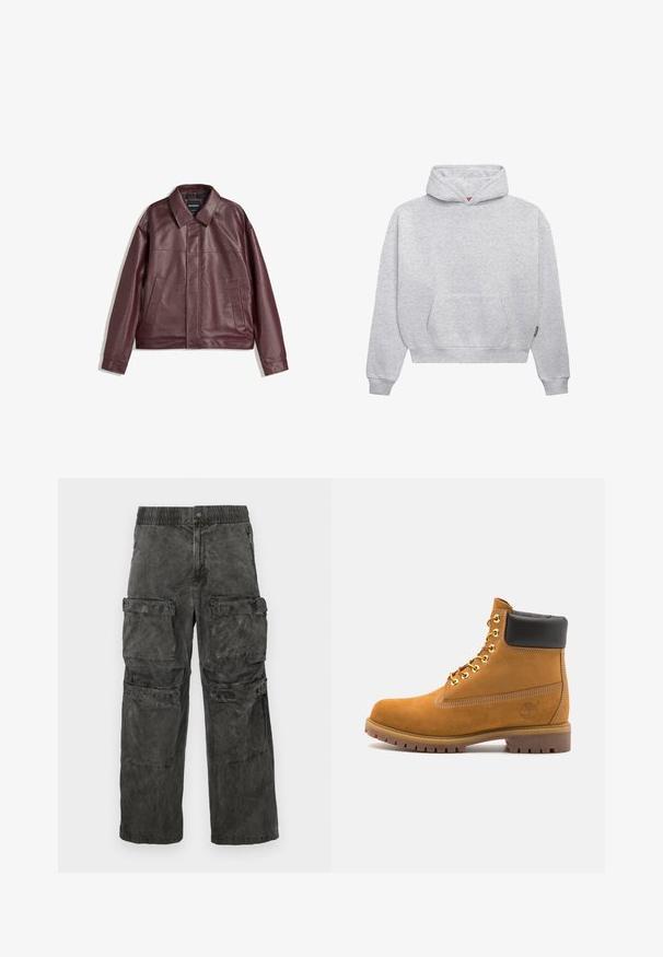 Burgundská koženka s plochým golierom, predným zipsom, dvoma bočnými vreckami a mierne skráteným strihom. Textúrovaný povrch.; Svetlá šedá mikina s kapucňou vyrobená z mäkkej zmesi bavlny. Obsahuje klokanie vrecko, rebrované manžety a kapucňu so šnúrkou v minimalistickom dizajne.; Nohavice cargo v vyblednutej čiernej látke, s elastickým pásom, viacerými bočnými vreckami a jemne umývanou štruktúrou.; Tyrkysové semišové členkové topánky s čiernym polstrovaným golierom, zlatými kovovými očkami, bielym prešívaním a robustnou gumovou podrážkou s výraznými drážkami.