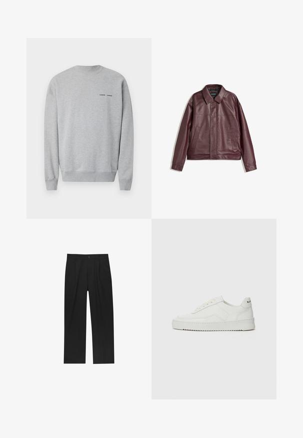 Burgundi színű műbőrdzseki lapos gallérral, elöl cipzárral, két oldalsó zsebbel és enyhén cropped fazonnal. Strukturált felület.; Szürke pamut keverék pulóver, bordázott nyakkal és mandzsettákkal. Kis fekete logó szöveg a mellrészen. Simított textúra és laza fazon.; Fekete nadrág egyenes szárú kialakítással, sima anyagból készült. Elöl redők és egy gombos záródás található a derékon.; Fehér bőr sportcipő sima felülettel, kerek orral, lapos fűzőkkel és texturált talppal. Finom logó található a sarokon.