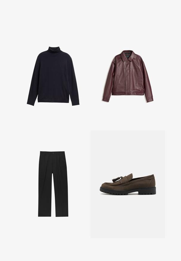 Burgundi színű műbőrdzseki lapos gallérral, elöl cipzárral, két oldalsó zsebbel és enyhén cropped fazonnal. Strukturált felület.; Tengerészkék garbó pulóver sima kötött anyagból, hosszú ujjakkal és lazán illeszkedő fazonnal. Kicsi logó a mellrészen.; Fekete nadrág egyenes szárú kialakítással, sima anyagból készült. Elöl redők és egy gombos záródás található a derékon.; Barna velúr loaferek sima felsőrésszel, kerek orral és dekoratív bojtokkal. Robusztus fekete gumitalppal rendelkezik a tapadás érdekében.