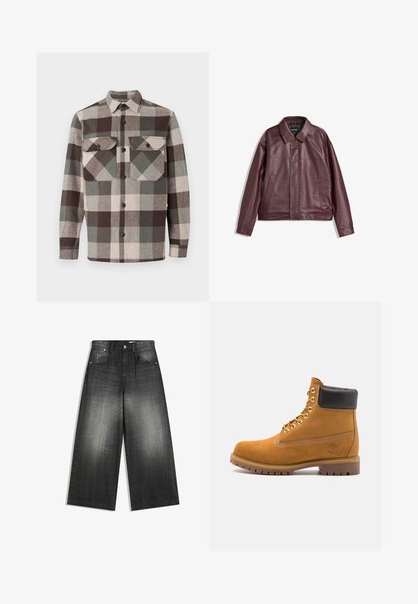 Burgundska jakna iz umetnega usnja s ploskim ovratnikom, sprednjim zapiranjem na zadrgo, dvema stranskima žepoma in rahlo skrajšano prileganje. Teksturirana površina.; Karo srajca v rjavih, zelenih in bež odtenkih. Ima ovratnik, dva žepa na prsih in gumbaste zapirala spredaj. Strukturirana tkanina.; Črna kratka majica s kratkimi rokavi v ohlapnem kroju, izdelana iz gladkega bombaža, z okroglo ovratnico in minimalističnim dizajnom.; Široke jeans hlače v zbledeli črni barvi, s klasičnim pet-pocket dizajnom in rahlo teksturirano površino. Okrasni detajli iz kovine.; Svetlo rjave anklne čizme iz semiša z črnim oblazinjenim ovratnikom, zlatimi kovinskimi očesci, belimi šivi in robustnim gumijastim podplatom s izrazitimi tredi.