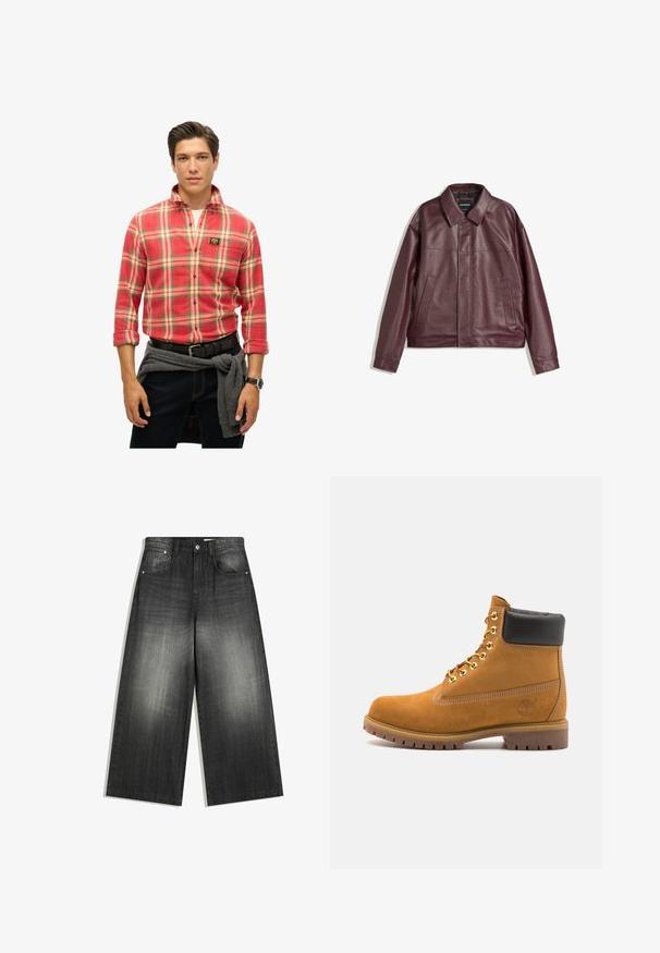 Burgunderfarbene Kunstlederjacke mit flachem Kragen, vorderem Reißverschluss, zwei Seitentaschen und leicht verkürzter Passform. Strukturierten Oberfläche.; Roter karierten Hemd mit gelben, grünen und blauen Akzenten. Lange Ärmel, Button-Up-Kragen, mit einem Logo-Patch. Dunkelblaue Jeans und grauer Pullover um die Taille gebunden.; Weite Jeans in verblasstem Schwarz mit klassischem Fünf-Taschen-Design und einer leicht strukturierten Oberfläche. Metallische Hardware-Details.; Beige Wildleder-Ankle-Boot mit schwarzem gepolstertem Kragen, goldenen Metallösen, weißen Nähdetalben und einer robusten Gummisohle mit ausgeprägtem Profil.