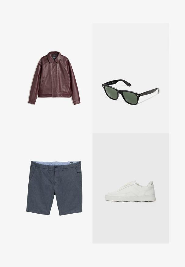 Burgundska jakna iz umetnega usnja s ploskim ovratnikom, sprednjim zapiranjem na zadrgo, dvema stranskima žepoma in rahlo skrajšano prileganje. Teksturirana površina.; Bela bombažna majica s kratkimi rokavi, okroglo ovratnikom in sproščenim krojem. Ima majhno oznako znamke na strani. Gladka tekstura.; Mornarsko modri šortisi iz teksturiranega blaga. Imajo dva stranska žepa, gumbasto zapiranje in majhno okrasno oznako spredaj.; Bela usnjena športna obutev z gladko površino, okroglo prst, ravne vezalke in teksturiran podplat. Ima diskretno logo na peti.; Črne plastične sončna očala z zelenimi lečami, kvadratni okvirji, srebrni detajl na obrvi in teksturirani ročaji. Blagovna znamka navedena na notranji strani ročaja.