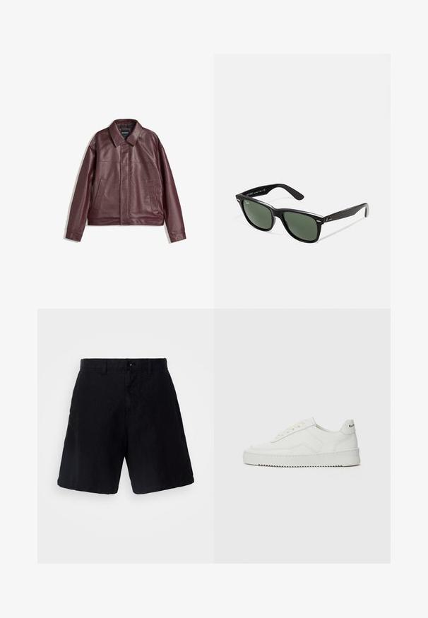 Burgundska jakna iz umetnega usnja s ploskim ovratnikom, sprednjim zapiranjem na zadrgo, dvema stranskima žepoma in rahlo skrajšano prileganje. Teksturirana površina.; Bela bombažna majica s kratkimi rokavi, okroglo ovratnikom in sproščenim krojem. Ima majhno oznako znamke na strani. Gladka tekstura.; Črne kratke hlače iz lahkega materiala s sproščenim krojem, z gumbom za zapiranje, zankami za pas in stranskimi žepi.; Bela usnjena športna obutev z gladko površino, okroglo prst, ravne vezalke in teksturiran podplat. Ima diskretno logo na peti.; Črne plastične sončna očala z zelenimi lečami, kvadratni okvirji, srebrni detajl na obrvi in teksturirani ročaji. Blagovna znamka navedena na notranji strani ročaja.; Platnena torba svetlo bež boje sa dvostrukim ručkama, na kojoj je na prednjoj strani otisnut beli logo "SAMSOE". Ima pravougaoni oblik sa jednostavnim dizajnom.