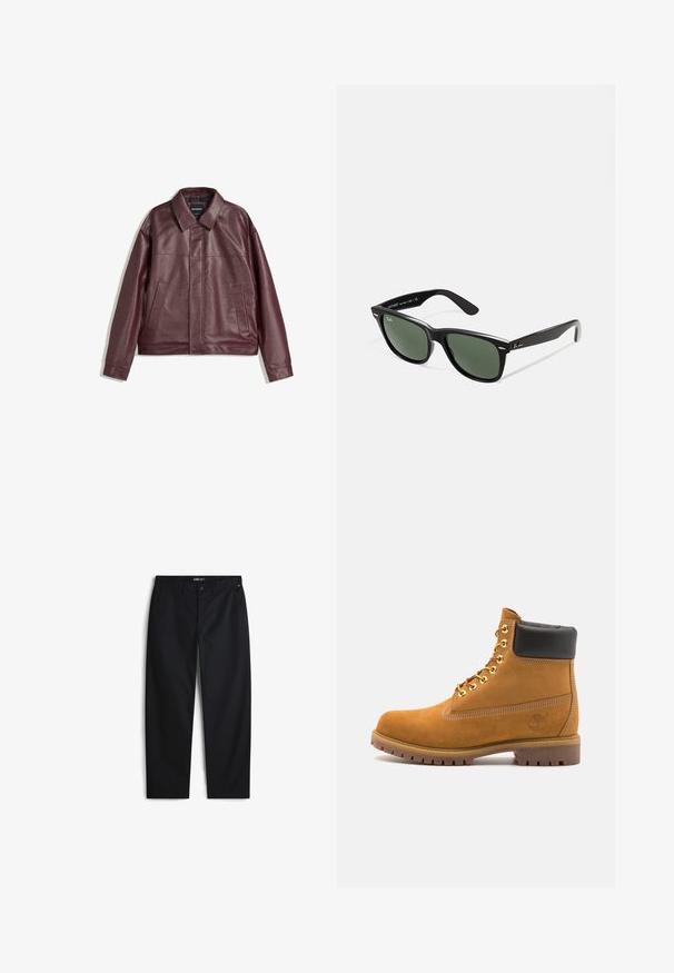 Burgunderfarbene Kunstlederjacke mit flachem Kragen, vorderem Reißverschluss, zwei Seitentaschen und leicht verkürzter Passform. Strukturierten Oberfläche.; Schwarzes T-Shirt mit kurzen Ärmeln in lockerer Passform, aus glattem Baumwollmaterial, mit rundem Ausschnitt und minimalistischem Design.; Schwarze Hosen aus einem Baumwollmischgewebe, mit einem geraden Bein, seitlichen Taschen und einem Knopfverschluss. Keine sichtbaren Muster oder Logos.; Beige Wildleder-Ankle-Boot mit schwarzem gepolstertem Kragen, goldenen Metallösen, weißen Nähdetalben und einer robusten Gummisohle mit ausgeprägtem Profil.; Schwarze Plastiksonnenbrille mit grünen Gläsern, quadratischen Rahmen, silbernem Akzent auf der Augenbraue und strukturierten Bügeln. Angegebene Marke auf dem inneren Bügel.