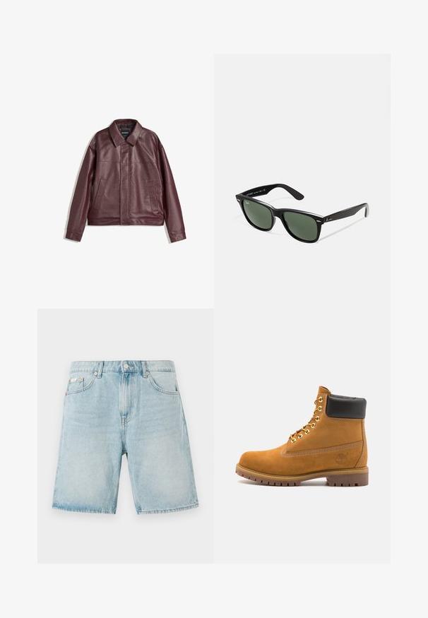 Burgundská koženka s plochým límcem, předním zipem, dvěma bočními kapsami a mírně zkráceným střihem. Texturovaný povrch.; Černé tričko s krátkým rukávem v volném střihu, vyrobené z hladké bavlny, s kulatým výstřihem a minimalistickým designem.; Svetle modré džínové šortky s volným střihem, obsahující přední kapsy, zapínání na knoflík a minimální blednutí.; Hnědé semišové kotníkové boty s černým polstrovaným límcem, zlatými kovovými očky, bílým prošíváním a odolnou gumovou podrážkou s výraznými drážkami.; Černé plastové sluneční brýle se zelenými skly, čtvercové obroučky, stříbrný detail na obočí a texturované stranice. Značka uvedená na vnitřní straně stranic.