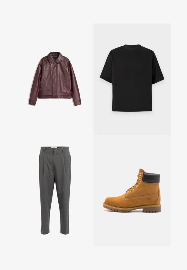 Burgundská koženka s plochým golierom, predným zipsom, dvoma bočnými vreckami a mierne skráteným strihom. Textúrovaný povrch.; Čierne krátke tričko s krátkym rukávom v voľnom strihu, vyrobené z hladkej bavlny, s okrúhlym výstrihom a minimalistickým dizajnom.; Sivé nohavice na mieru s textúrovanou tkaninou, s plisovaním, priamym strihom a pútkami na opasok. Žiadne viditeľné kovové prvky ani akcenty.; Tyrkysové semišové členkové topánky s čiernym polstrovaným golierom, zlatými kovovými očkami, bielym prešívaním a robustnou gumovou podrážkou s výraznými drážkami.