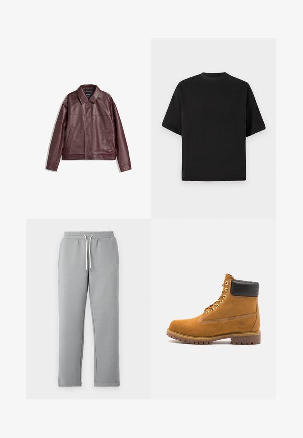 Burgunderfarbene Kunstlederjacke mit flachem Kragen, vorderem Reißverschluss, zwei Seitentaschen und leicht verkürzter Passform. Strukturierten Oberfläche.; Schwarzes T-Shirt mit kurzen Ärmeln in lockerer Passform, aus glattem Baumwollmaterial, mit rundem Ausschnitt und minimalistischem Design.; Graue Sweatpants aus weichem Stoff, mit einem elastischen Bund und weißen Kordeln, geraden Beinen und ohne sichtbare Taschen.; Beige Wildleder-Ankle-Boot mit schwarzem gepolstertem Kragen, goldenen Metallösen, weißen Nähdetalben und einer robusten Gummisohle mit ausgeprägtem Profil.