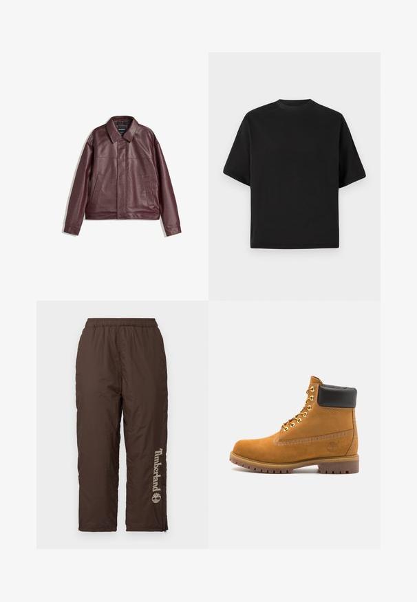 Burgundi színű műbőrdzseki lapos gallérral, elöl cipzárral, két oldalsó zsebbel és enyhén cropped fazonnal. Strukturált felület.; Fekete rövidujjú póló laza szabással, sima pamutból készült, kerek nyakkivágással és minimalista dizájnnal.; Barna nylon nadrág rugalmas derékkal. Jellemzője egy függőleges Timberland logó világos bézs színben. Sima felület, bokánál cipzár az illeszkedés beállításához.; Barna velúr bokacipő fekete párnázott gallérral, arany fém fűzőlyukakkal, fehér varrási részletekkel és durva gumitalppal, amelynek kifejezett barázdái vannak.