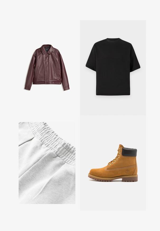 Burgunderfarbene Kunstlederjacke mit flachem Kragen, vorderem Reißverschluss, zwei Seitentaschen und leicht verkürzter Passform. Strukturierten Oberfläche.; Schwarzes T-Shirt mit kurzen Ärmeln in lockerer Passform, aus glattem Baumwollmaterial, mit rundem Ausschnitt und minimalistischem Design.; Graue Baumwoll-Sweatpants mit elastischem Bund, ausgestattet mit Seitentaschen und einem weichen, strukturierten Stoff für zusätzlichen Komfort.; Beige Wildleder-Ankle-Boot mit schwarzem gepolstertem Kragen, goldenen Metallösen, weißen Nähdetalben und einer robusten Gummisohle mit ausgeprägtem Profil.