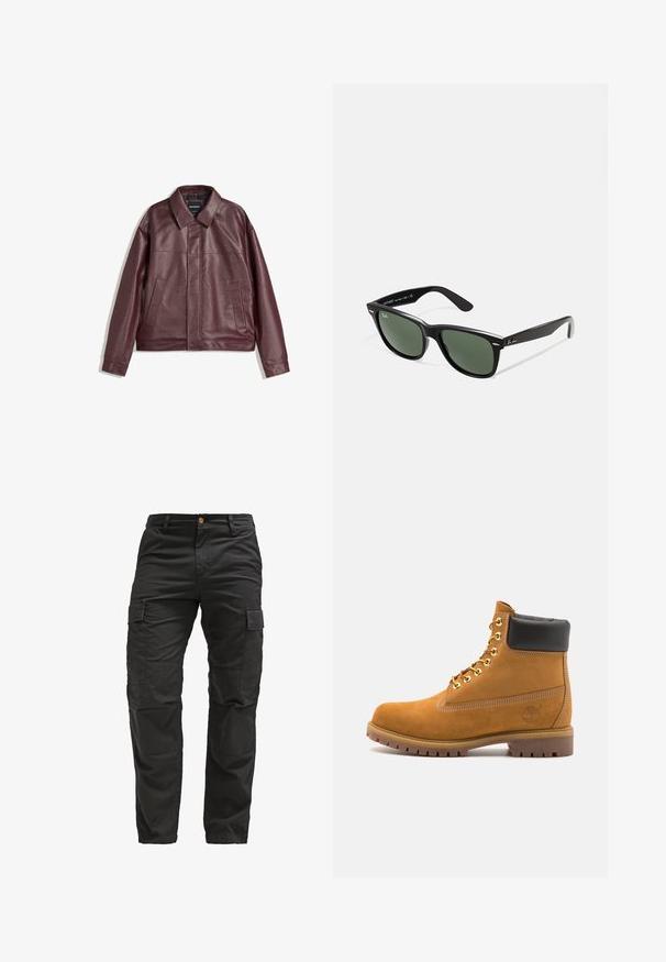 Burgundy tekonahkahihatin, jossa on tasainen kaulus, etuvetoketju, kaksi sivutaskua ja hieman lyhyt malli. Teksturoitu pinta.; Musta lyhythihainen T-paita väljästi istuvana, valmistettu sileästä puuvillasta, jossa on pyöreä pääntie ja minimalistinen muotoilu.; Mustat cargo-housut, jotka on valmistettu kestävästä kankaasta ja joissa on useita sivutaskuja, napitus ja suorat lahkeet. Materiaali on teksturoidun näköinen.; Valkoinen nahkainen nilkkuri mustalla pehmustetulla kauluksella, kultaisilla metallisilla rei'illä, valkoisella ompeluksella ja jykevällä kumipohjalla, jossa on selvästi näkyvät urat.; Mustat muoviset aurinkolasit, joissa on vihreät linssit, neliönmuotoiset kehykset, hopeinen yksityiskohta kulmakarvojen kohdalla sekä tekstuuriset temppeleiden varret. Brändi ilmoitettu sisävarsissa.