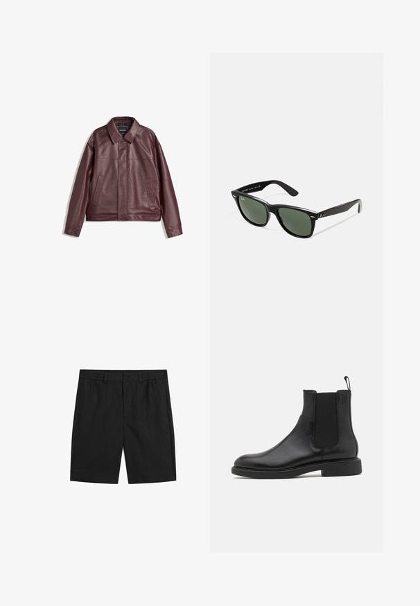 Burgunderfarbene Kunstlederjacke mit flachem Kragen, vorderem Reißverschluss, zwei Seitentaschen und leicht verkürzter Passform. Strukturierten Oberfläche.; Bordeauxrotes Langarm-Polohemd mit cremefarbenem Kragen und Manschetten, Knopfleiste und zirkulärem "Prohibited Berlin"-Logo auf der linken Brust.; Schwarze Shorts aus einem leichten Material, mit elastischem Bund, Knopfverschluss und geradem Schnitt ohne Muster.; Schwarze Leder-Ankle-Boots mit glatter Textur, elastischen Seitenpaneelen und einer Zuglasche. Runde Zehenpartie und flache Gummisohle mit minimalem Profil.; Schwarze Plastiksonnenbrille mit grünen Gläsern, quadratischen Rahmen, silbernem Akzent auf der Augenbraue und strukturierten Bügeln. Angegebene Marke auf dem inneren Bügel.
