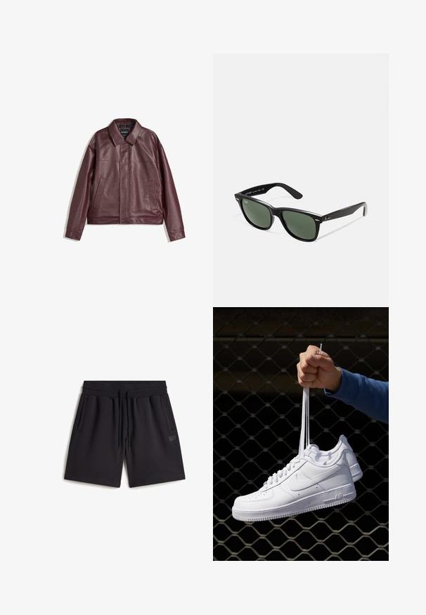 Burgundy tekonahkahihatin, jossa on tasainen kaulus, etuvetoketju, kaksi sivutaskua ja hieman lyhyt malli. Teksturoitu pinta.; Mustat puuvillapaitat, joissa on lyhyet hihat ja pyöreä kaula-aukko. Paidassa on valkoiset tekstit "ALLSAINTS" ja "LONDON" vasemmassa rintapielessä.; Mustat urheilushortsit, jotka on valmistettu puuvillasekoitteesta. Varustettu joustavalla vyötäröllä, jossa on nyöri, sivutaskuilla ja pienellä logopatchilla.; Valkoiset nahkasneakersit, joissa on rei'ityksiä, pyöreä kärki, tasapohja ja paksut nauhat, joissa on näkyvä swoosh-logo ja "AIR" kantapäässä.; Mustat muoviset aurinkolasit, joissa on vihreät linssit, neliönmuotoiset kehykset, hopeinen yksityiskohta kulmakarvojen kohdalla sekä tekstuuriset temppeleiden varret. Brändi ilmoitettu sisävarsissa.