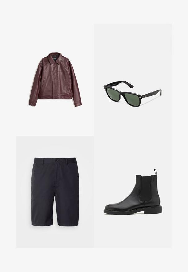 Burgunderfarbene Kunstlederjacke mit flachem Kragen, vorderem Reißverschluss, zwei Seitentaschen und leicht verkürzter Passform. Strukturierten Oberfläche.; Weißes Baumwoll-T-Shirt mit kurzen Ärmeln, Rundhalsausschnitt und lässigem Schnitt. Glatte Textur ohne sichtbare Muster oder Akzente.; Marineblaue Shorts aus leichtem Baumwollstoff, mit Knopfverschluss, Gürtelschlaufen und einem geraden Schnitt knapp über dem Knie.; Schwarze Leder-Ankle-Boots mit glatter Textur, elastischen Seitenpaneelen und einer Zuglasche. Runde Zehenpartie und flache Gummisohle mit minimalem Profil.; Schwarze Plastiksonnenbrille mit grünen Gläsern, quadratischen Rahmen, silbernem Akzent auf der Augenbraue und strukturierten Bügeln. Angegebene Marke auf dem inneren Bügel.