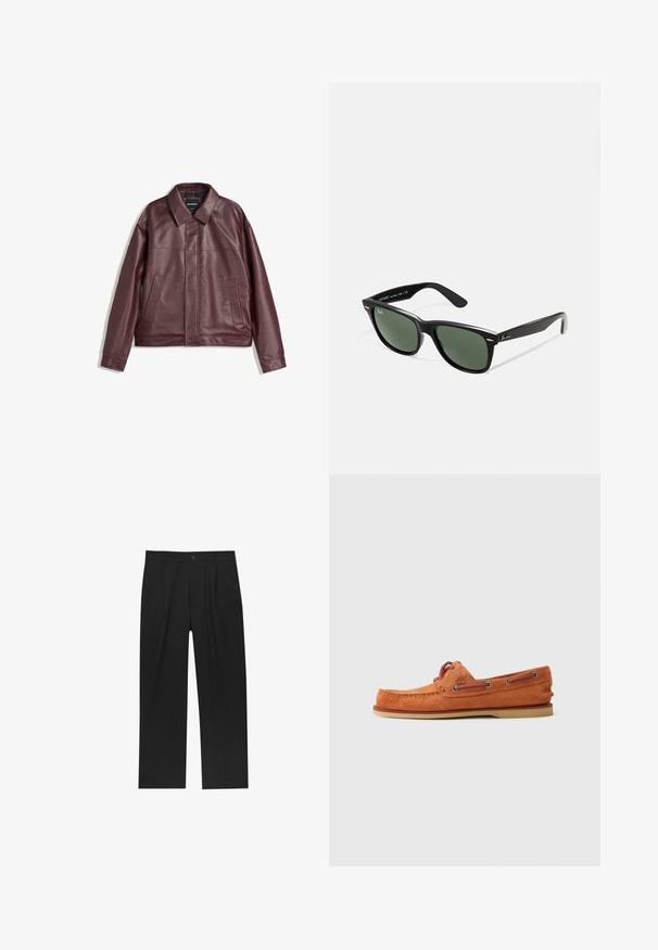Burgunderfarbene Kunstlederjacke mit flachem Kragen, vorderem Reißverschluss, zwei Seitentaschen und leicht verkürzter Passform. Strukturierten Oberfläche.; Weißes Baumwoll-T-Shirt mit kurzen Ärmeln, Rundhalsausschnitt und lockerer Passform. Glatte Textur, keine Muster oder Grafiken, minimale Markenkennzeichnung am Etikett.; Schwarze Hose mit geradem Schnitt, aus einem glatten Stoff gefertigt. Verfügt über Vorderfalten und einen einzelnen Knopfverschluss an der Taille.; Oranges Wildlederschuh mit runder Zehenform, kontrastierenden Schnürsenkeln, dekorativen Nähten und einer Gummisohle. Seitenansicht mit minimalen Details.; Schwarze Plastiksonnenbrille mit grünen Gläsern, quadratischen Rahmen, silbernem Akzent auf der Augenbraue und strukturierten Bügeln. Angegebene Marke auf dem inneren Bügel.; Digitaluhr mit schwarzem Edelstahlband, quadratischem schwarzen Zifferblatt, weißen Ziffern, wasserdicht bis 5 bar und einer Beleuchtungsfunktion.
