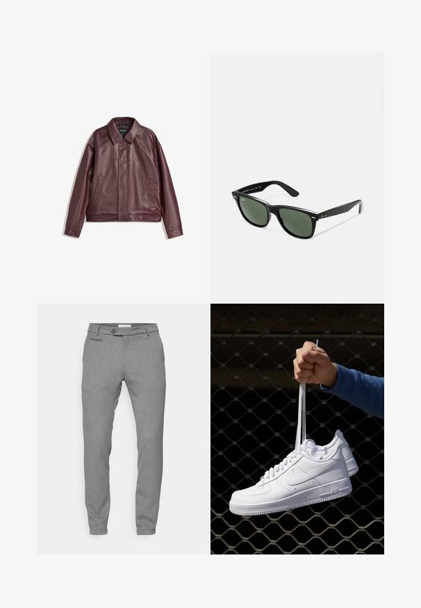 Burgundská koženka s plochým límcem, předním zipem, dvěma bočními kapsami a mírně zkráceným střihem. Texturovaný povrch.; Mladý člověk s pletenými vlasy, oblečený v světle šedém tričku Nike a černých šortkách Nike, na čistém bílém pozadí.; Šedé kalhoty s texturovanou tkaninou; úzký střih; pět kapsový design; zapínání na knoflík; zúžené kotníky; jemný vzor.; Bílé kožené tenisky s perforacemi, kulatou špičkou, plochou podrážkou a silnými tkaničkami, které mají viditelné logo swoosh a nápis "AIR" na patě.; Černé plastové sluneční brýle se zelenými skly, čtvercové obroučky, stříbrný detail na obočí a texturované stranice. Značka uvedená na vnitřní straně stranic.