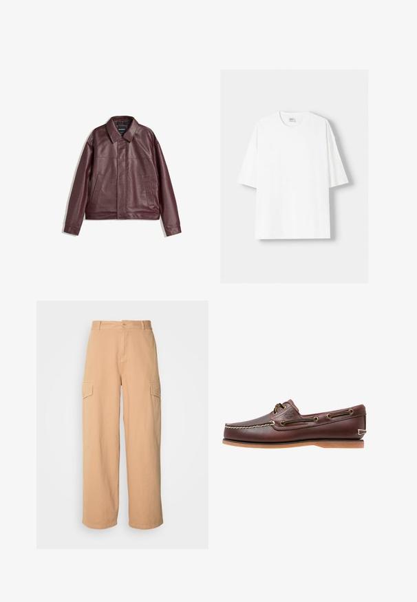 Burgundi színű műbőrdzseki lapos gallérral, elöl cipzárral, két oldalsó zsebbel és enyhén cropped fazonnal. Strukturált felület.; Fehér, rövid ujjú pamut póló, kerek nyakkivágással és laza szabással. Simább textúra, látható minták vagy díszítések nélkül.; Beige, bő szárú cargo nadrág, könnyű anyagból készült, két oldalsó zsebbel és gombos derékmegoldással. Puha tapintású.; Barna bőr csónakcipő fehér varrással, barna fűzőkkel és világosbarna gumitalppal. Az oldalon logó található, valamint fém fűzőlyukak.