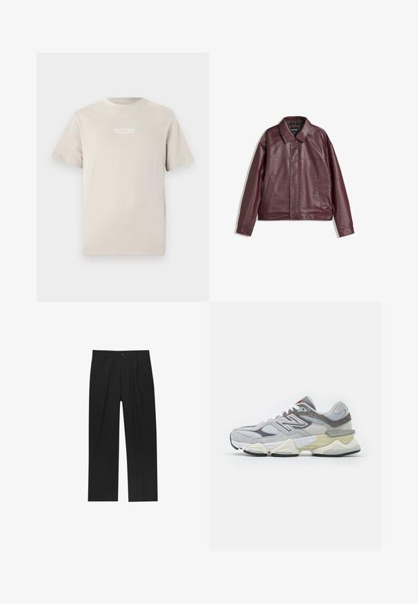 Burgundska jakna iz umetnega usnja s ploskim ovratnikom, sprednjim zapiranjem na zadrgo, dvema stranskima žepoma in rahlo skrajšano prileganje. Teksturirana površina.; Bež majica iz bombaža, kratkih rukava, s okruglim izrezom i malim bijelim printanim logoom na gornjem dijelu prsnog koša.; Črne hlače z ravnim krojem, narejene iz gladkega materiala. Imajo sprednje gube in enojno zaponko na pasu.; Sive usnjene in mrežaste teniske z debelim belim in bež podplatom, ki imajo opazen bel logotip in rdeče poudarke.
