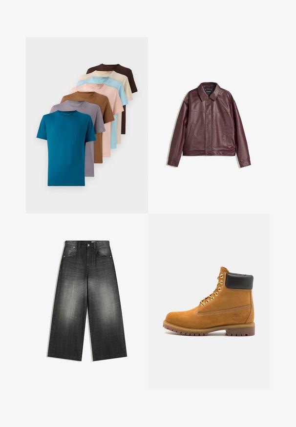 Burgundská koženka s plochým golierom, predným zipsom, dvoma bočnými vreckami a mierne skráteným strihom. Textúrovaný povrch.; Sada ôsmich tričiek s okrúhlym výstrihom v rôznych farbách: tyrkysová, hnedá, béžová, svetlomodrá, svetloružová, šedá a levanduľová, vyrobených z hladkej látky.; Džíny s širokými nohavicami v odtenku vyblednutej čiernej, s klasickým päťvreckovým dizajnom a jemne textúrovaným povrchom. Kovové detaily.; Tyrkysové semišové členkové topánky s čiernym polstrovaným golierom, zlatými kovovými očkami, bielym prešívaním a robustnou gumovou podrážkou s výraznými drážkami.