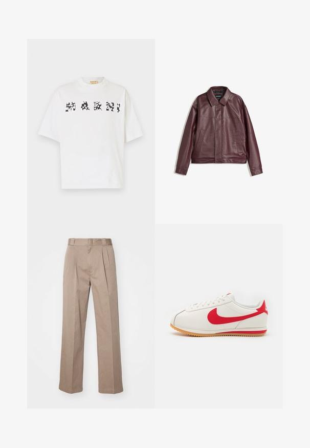 Burgundská koženka s plochým límcem, předním zipem, dvěma bočními kapsami a mírně zkráceným střihem. Texturovaný povrch.; Bílá bavlněná tričko s krátkými rukávy a vysokým výstřihem. Na přední straně jsou černými květinovými písmeny napsány slova "MARNI".; Beige kalhoty s vysokým pasem a širokým střihem. Obsahují dva přední záhyby a hladkou texturu. Standardní délka s čistým zakončením.; Bílé kožené tenisky s červenými akcenty, s kulatou špičkou, texturovaným červeným swooshem, bílými tkaničkami a podrážkou z gumy s vroubkovanými okraji.
