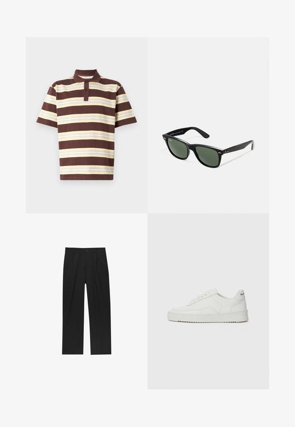 Burgundská koženka s plochým límcem, předním zipem, dvěma bočními kapsami a mírně zkráceným střihem. Texturovaný povrch.; Hnědý a žlutý pruhovaný polo tričko, krátké rukávy, tříknoflíková léga, bavlněný materiál, texturovaná tkanina s různou šířkou pruhů.; Černé kalhoty s rovnými nohavicemi, vyrobené z hladké tkaniny. Mají přední záhyby a jedno knoflíkové zapínání v pase.; Bílé kožené tenisky s hladkým povrchem, kulatou špičkou, plochými tkaničkami a texturovanou podrážkou. Na patě se nachází nenápadné logo.; Černé plastové sluneční brýle se zelenými skly, čtvercové obroučky, stříbrný detail na obočí a texturované stranice. Značka uvedená na vnitřní straně stranic.