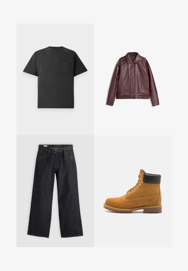 Burgundská koženka s plochým golierom, predným zipsom, dvoma bočnými vreckami a mierne skráteným strihom. Textúrovaný povrch.; Čierne bavlnené tričko s okrúhlym výstrihom, krátkymi rukávmi a vreckom na ľavej strane hrudníka. Má voľný strih a hladkú textúru.; Tmavé denimové nohavice so širokými nohavicami a opaskom v páse, s prednými vreckami a kontrastným šitím. Hladká textúra s čistým dizajnom.; Tyrkysové semišové členkové topánky s čiernym polstrovaným golierom, zlatými kovovými očkami, bielym prešívaním a robustnou gumovou podrážkou s výraznými drážkami.