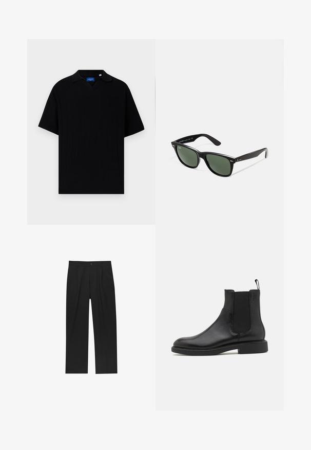 Burgundská koženka s plochým límcem, předním zipem, dvěma bočními kapsami a mírně zkráceným střihem. Texturovaný povrch.; Černé polo tričko s krátkým rukávem a V-výstřihem, s žebrovanou texturou a jemnými vertikálními pruhy. Štítek uvnitř oblasti krku.; Černé kalhoty s rovnými nohavicemi, vyrobené z hladké tkaniny. Mají přední záhyby a jedno knoflíkové zapínání v pase.; Černá kožená kotníková bota s hladkým povrchem, elastickými bočními panely a poutkem. Kulatá špička a plochá gumová podrážka s minimálním vzorkem.; Černé plastové sluneční brýle se zelenými skly, čtvercové obroučky, stříbrný detail na obočí a texturované stranice. Značka uvedená na vnitřní straně stranic.