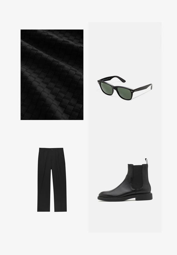 Burgundi színű műbőrdzseki lapos gallérral, elöl cipzárral, két oldalsó zsebbel és enyhén cropped fazonnal. Strukturált felület.; Fekete textúrájú anyag, amely kiemelkedő négyzetekből álló szőtt mintázatot mutat, sima felülettel és bonyolult részletezéssel.; Fekete nadrág egyenes szárú kialakítással, sima anyagból készült. Elöl redők és egy gombos záródás található a derékon.; Fekete bőr bokacsizma sima felülettel, elasztikus oldalsó panelekkel és egy húzófüllel. Kerek orr és lapos gumi talp minimális bordázattal.; Fekete műanyag napszemüveg zöld lencsékkel, négyzet alakú kerettel, ezüst díszítéssel a keret felső részén, valamint texturált szárakkal. A márka neve a belső száron található.