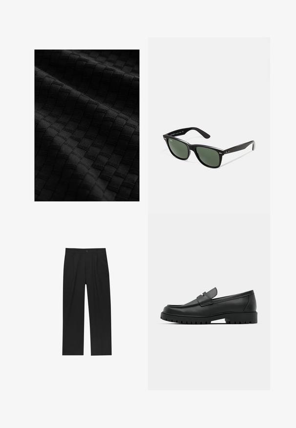 Burgunderfarvet faux læderjakke med flad krave, lynlås fortil, to sidelommer og en let cropped pasform. Struktureret overflade.; Sort tekstureret stof med et vævet mønster af hævede firkanter, der viser en glat overflade og indviklet detaljer.; Sorte bukser med lige ben, lavet af et glat stof. Har frontfolder og en enkelt knaplukning i taljen.; Sorte læder loafers med rund tå, der har et syet design, lav platformssål og en struktureret, skridsikker gummisål.; Sorte plastiksolkaber med grønne linser, firkantede stel, sølvaccent på brynene og teksturerede templede arme. Angivet mærke på den indre arm.