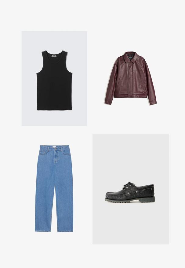 Bordeaux neplederen jas met een vlakke kraag, ritssluiting aan de voorkant, twee zijzakken en een licht cropped pasvorm. Gestructureerd oppervlak.; Zwarte katoenen tanktop met een geribbelde textuur, voorzien van een ronde halslijn en brede armsgaten. Etiket zichtbaar bij de hals.; Lichtblauwe denim jeans met een rechte pasvorm, vijf-pocket ontwerp, enkele knoopsluiting en subtiele stikseldetails op de naden.; Zwarte, gestructureerde veterschoen met een ronde neus, metalen veterogen en een robuuste grijze rubberen zool. Heeft een geweven patroon op het bovenwerk.