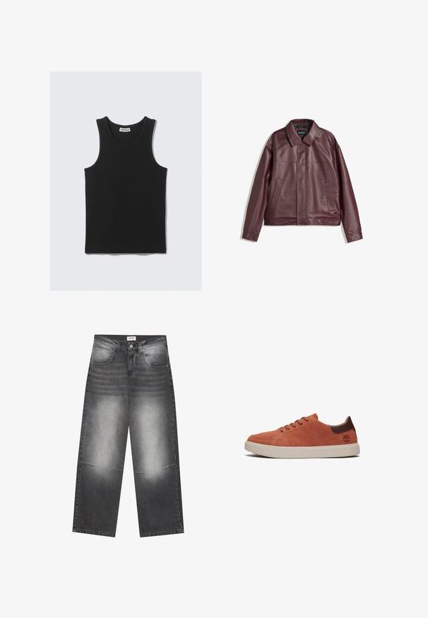 Burgundská koženka s plochým límcem, předním zipem, dvěma bočními kapsami a mírně zkráceným střihem. Texturovaný povrch.; Černý bavlněný tílko s žebrovanou texturou, s kulatým výstřihem a širokými průramky. Štítek viditelný na krku.; Široké černé džíny z denimu s vybledlým šedým povrchem, s předními kapsami, zapínáním na knoflík a mírným poškozením na kolenou.; Elegant nízké tenisky v barvě spáleného oranžového semiše se hnědými koženými detaily a kontrastní bílou gumovou podrážkou. Kulatá špička a pět otvorů pro tkaničky.
