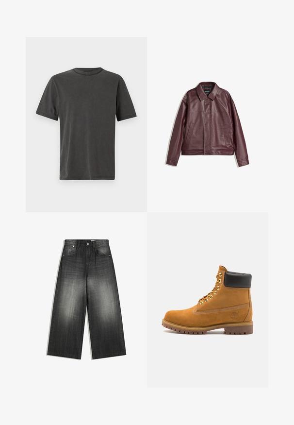 Burgunderfarbene Kunstlederjacke mit flachem Kragen, vorderem Reißverschluss, zwei Seitentaschen und leicht verkürzter Passform. Strukturierten Oberfläche.; Dunkelgraues Kurzarm-T-Shirt mit rundem Halsausschnitt, aus weichem Baumwollstoff gefertigt, mit dezenten Steppnähten entlang der Kanten.; Weite Jeans in verblasstem Schwarz mit klassischem Fünf-Taschen-Design und einer leicht strukturierten Oberfläche. Metallische Hardware-Details.; Beige Wildleder-Ankle-Boot mit schwarzem gepolstertem Kragen, goldenen Metallösen, weißen Nähdetalben und einer robusten Gummisohle mit ausgeprägtem Profil.