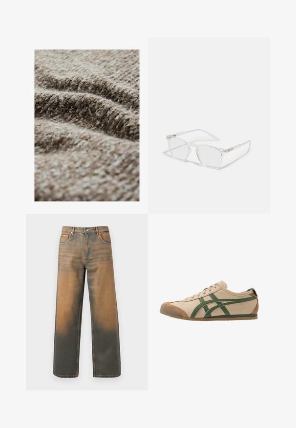 Giacca marrone con zip, colletto, due tasche patch anteriori e dettagli di cucitura visibili. Realizzata in tessuto testurizzato.; Tessuto marrone testurizzato con un aspetto peloso, caratterizzato da una miscela di fibre chiare e scure, che mostra un motivo intrecciato e uno spessore variabile.; Jeans a gamba larga in denim blu e marrone scuro con effetto usurato. Presentano un alto punto vita, tasche frontali e una chiusura con bottone classico arricchita da dettagli metallici.; Sneaker in pelle beige con dettagli in verde, presenta una punta arrotondata, suola piatta e particolari in camoscio sulla punta e sul tallone.; CHPO ZEBBE UNISEX - Occhiali anti luce blu - transperent