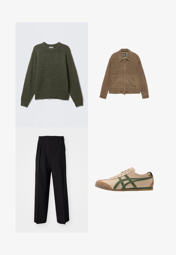 Brun zip-up jakke med krave, to forreste patch-lommer og synlige sømdetaljer. Fremstillet af tekstureret stof.; Oliven grøn strikket sweater med rund hals, lange ærmer og ribbede manchetter. Blød tekstur og afslappet pasform, med en let cropped talje.; Sorte plisserede bukser med et lige, bred ben-design. Fremstillet af glat stof, med en knaplukning og bæltesløjfer.; Beige lædersneaker med grønne accenter, der har en rund tå, flad sål og ruskindsdetaljer på tåkap og hæl.