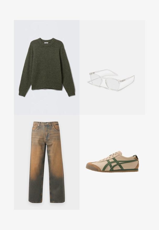 Brown zip-up jacket with a collar, two front patch pockets, and visible stitching details. Made from textured fabric.; Olive green knitted sweater with a crew neck, long sleeves, and ribbed cuffs. Soft texture and relaxed fit, with a waistband slightly cropped.; Wide-leg jeans in distressed blue and brown denim. Features a high waist, front pockets, and a classic button closure with metallic accents.; Beige leather sneaker with green accents, featuring a rounded toe, flat sole, and suede detailing on the toe cap and heel.; CHPO ZEBBE UNISEX - Blue light glasses - transperent