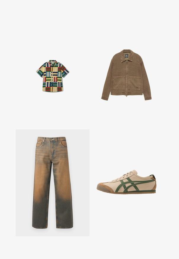 Bruine zip-up jas met een kraag, twee voorste opgestikte zakken en zichtbare stikdetails. Gemaakt van een gestructureerde stof.; Korte mouw shirt in een multikleurige vierkant patroon met groene, blauwe, rode en gele strepen. Voorzien van een knoopsluiting aan de voorkant en een kraag.; Wijd-uitlopende jeans in verouderd blauw en bruin denim. Heeft een hoge taille, voorzakken en een klassieke knoopsluiting met metalen accenten.; Beige leren sneaker met groene accenten, voorzien van een ronde neus, platte zool en suède details op de neus en hiel.