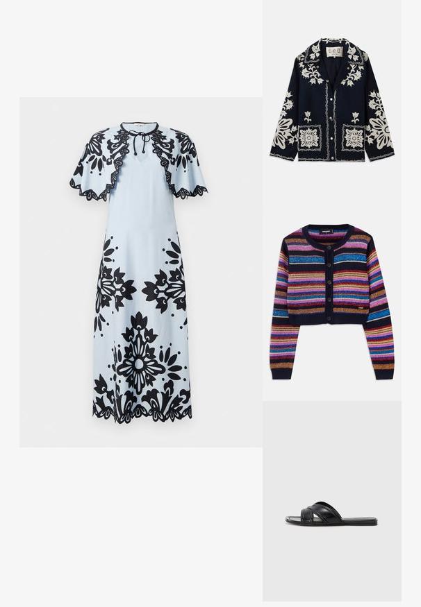 Navy jacket featuring white floral embroidery, square pockets, and button closure. Material appears textured and durable, with a classic collar design.; Striped cropped cardigan in dark blue, featuring vibrant multicolored sparkling stripes, ribbed cuffs, and five button front closure.; Light blue dress with black floral patterns, short cap sleeves, a round neckline, and a scalloped hem. Ties at the neck for closure.; Black slide sandals with a smooth leather finish, featuring crisscross straps and cut-out details, and a flat, flexible sole.