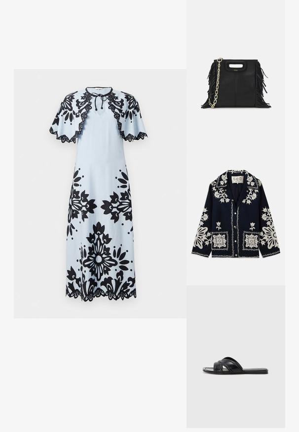Marinblå jacka med vit blommig brodyr, fyrkantiga fickor och knäppning. Materialet verkar texturerat och hållbart, med en klassisk kragdesign.; Ljusblå klänning med svarta blommönster, korta ärmar med cap-sleeve, rund halsringning och vågig fåll. Knyts i nacken för stängning.; Svarta slidesandaler med en slät läderfinish, med korsade remmar och utskärningar, samt en platt, flexibel sula.; Svart läderhandväska med fransdetaljer, guldkedja som axelrem och ett handtag med urtag. Har logotyp placering framtill.