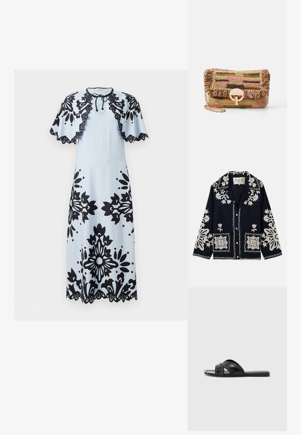 Tamsiai mėlynas švarkas su baltomis gėlėmis išsiuvinėjimais, kvadratinėmis kišenėmis ir mygtukų uždarymu. Medžiaga atrodo tekstūruota ir patvari, su klasikinio apykaklės dizainu.; Šviesiai mėlyna suknelė su juodais gėlių raštais, trumpomis švarkelio rankovėmis, apvaliu iškirpimu ir banguotu apvadu. Uždarymas kaklo srityje.; Juodosios šlepetės su lygiu odos paviršiumi, turinčios kryžminius dirželius ir išpjovimus, bei plokščiu, lanksčiu padu.; Vanessa Bruno MOON - Rankinė per petį - multico/jaune