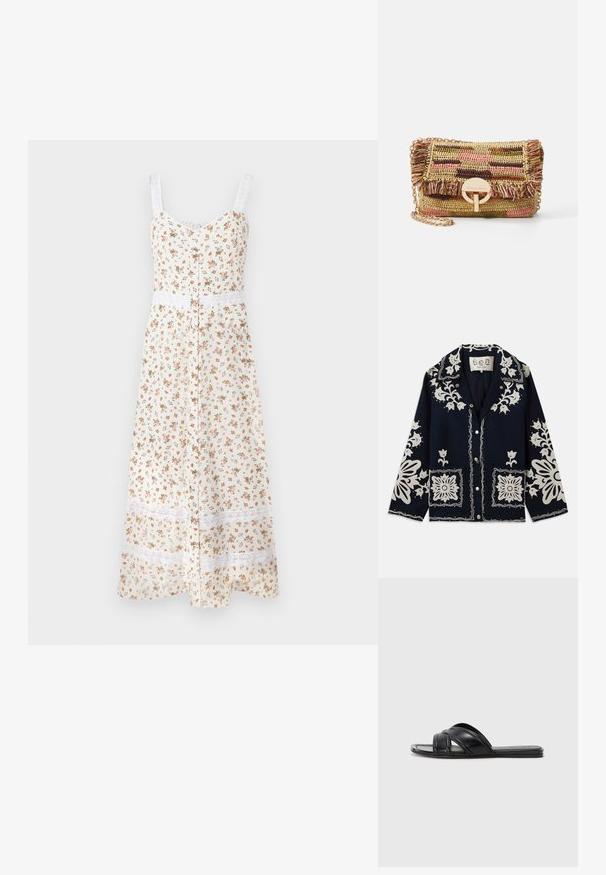 Marinejakke med hvid blomsterbroderi, firkantede lommer og knaplukning. Materialet ser struktureret og holdbart ud, med et klassisk kravedesign.; Blomstrende midi-kjole i creme med justerbare spaghetti-stropper, knapfront og hvidt blondetrim ved taljen og kanten. Har små orange og grønne blomster.; Sorte slide sandaler med en glat læderfinish, der har krydsende remme og udskæringsdetaljer, samt en flad, fleksibel sål.; Vanessa Bruno MOON - Skuldertasker - multico/jaune