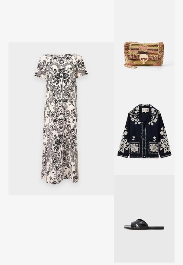 Jachetă de marină cu broderie florală albă, buzunare pătrate și închidere cu nasturi. Materialul pare texturat și durabil, având un design clasic al gulerului.; Rochie cu model floral negru, pe un fond crem, cu mâneci scurte, decolteu rotund și slituri laterale pentru confort în mișcare.; Sandale negre cu un finisaj din piele netedă, având curele încrucișate și detalii decupate, cu o talpă plată și flexibilă.; Vanessa Bruno MOON - Geantă crossbody - multico/jaune