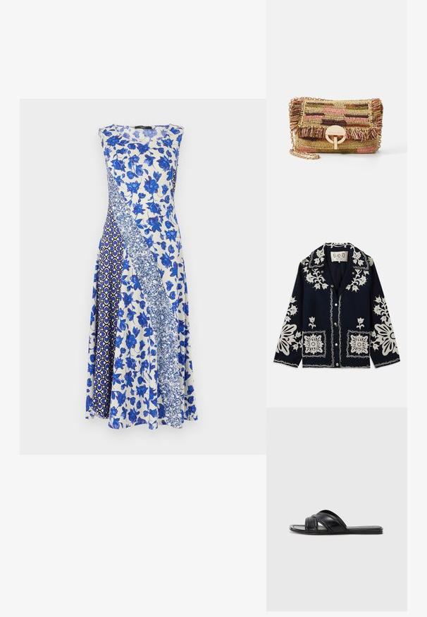 Tamsiai mėlynas švarkas su baltomis gėlėmis išsiuvinėjimais, kvadratinėmis kišenėmis ir mygtukų uždarymu. Medžiaga atrodo tekstūruota ir patvari, su klasikinio apykaklės dizainu.; Bezegrio suknelė su gėlių raštu mėlynos spalvos atspalviuose, mišriu darnumo dizainu ir plaukiančia siluetu.; Juodosios šlepetės su lygiu odos paviršiumi, turinčios kryžminius dirželius ir išpjovimus, bei plokščiu, lanksčiu padu.; Vanessa Bruno MOON - Rankinė per petį - multico/jaune