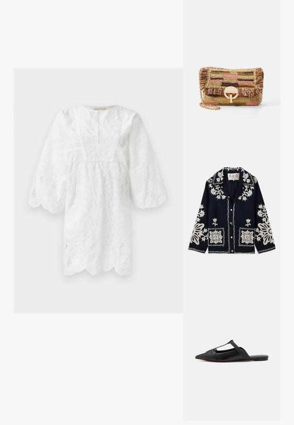 Jūras spēku jaka ar baltu ziedu izšuvumu, kvadrātveida kabatām un pogu aizdari. Materiāls šķiet teksturēts un izturīgs, ar klasisku apkakles dizainu.; Balta mežģīņu kleita ar trīs ceturtdaļu piedurknēm, viļņotu apakšmalu un ziedu izšuvumiem visā virsmā. Iekļauj apļveida apkakli un smalku tekstūru.; Melnas ādas slingback kurpes ar norādītu purngali, kurām ir austoša akcenta un krokota augšdaļa. Plakana zole ar minimālu aparatūru.; Vanessa Bruno MOON - Soma ar siksnu pāri ķermenim - multico/jaune