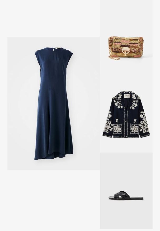 Sötétkék dzseki fehér virágos hímzéssel, négyzet alakú zsebekkel és gombos záródással. Az anyag textúrált és tartós hatású, klasszikus gallérkialakítással rendelkezik.; Vanessa Bruno ENEA - Maxi ruha - marine; Fekete slideszandál sima bőrfelülettel, keresztbe futó pántokkal és kivágott részletekkel, valamint lapos, hajlékony talppal.; Vanessa Bruno MOON - Keresztpántos táska - multico/jaune