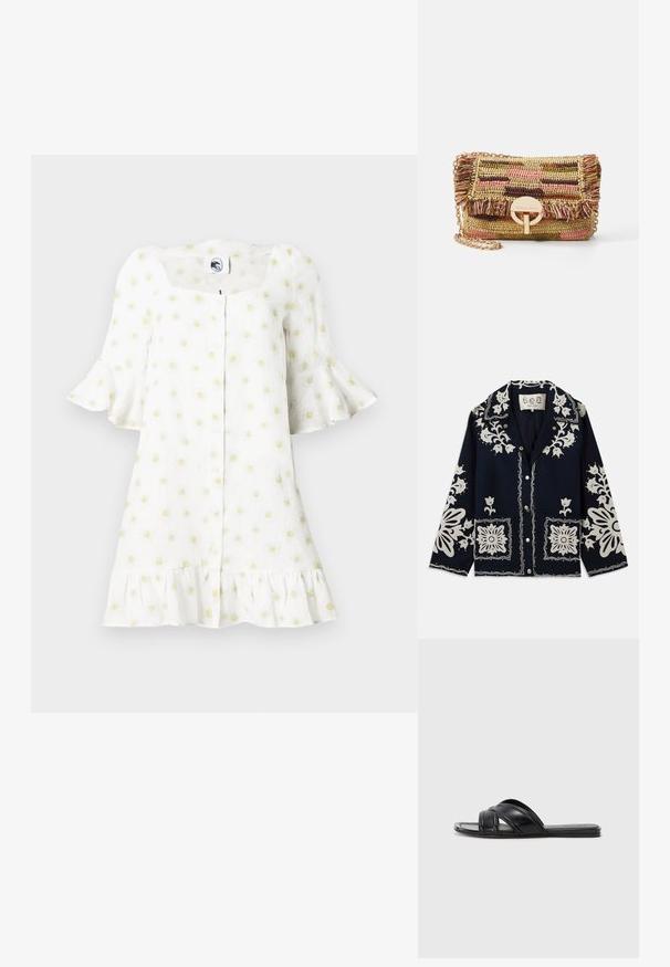 Námornícka bunda s bielou kvetinovou výšivkou, štvorcovými vreckami a zapínaním na gombíky. Materiál vyzerá textúrne a odolne, s klasickým dizajnom goliera.; Biele šaty s krátkymi rozšírenými rukávmi, štvrtkovým výstrihom, gombíkovým zapínaním, volánovým lemom a vzorom malých žltých sedmokrások po celom povrchu.; Čierne šľapky s hladkým koženým povrchom, so strapcami v tvare kríža a vyrezávanými detailmi, a plochou, flexibilnou podrážkou.; Vanessa Bruno MOON - Taška cez plece - multico/jaune