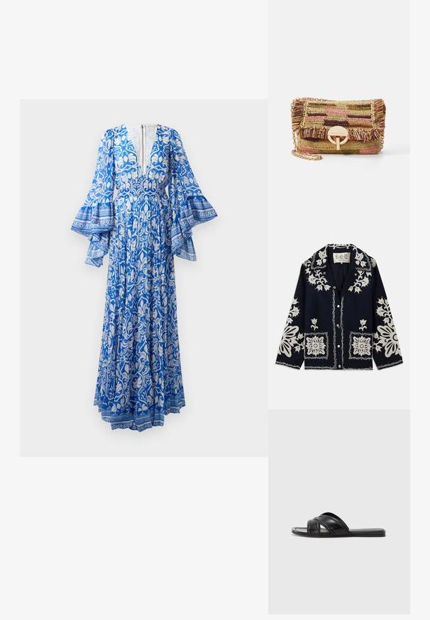 Jūras spēku jaka ar baltu ziedu izšuvumu, kvadrātveida kabatām un pogu aizdari. Materiāls šķiet teksturēts un izturīgs, ar klasisku apkakles dizainu.; Garšīga zila kleita ar baltām ziedu un paisley rakstiem, izplūdušām piedurknēm, dziļu V veida kaklu un aizmugurē esošu rāvējslēdzēju.; Melni slide čības ar gludu ādas apdari, ar krustveida siksnām un izgriezumiem, kā arī platu, elastīgu zoli.; Vanessa Bruno MOON - Plecu soma - multico/jaune